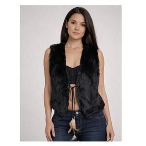 2000s Tricotto Rabbit Fur Embroidered Lace Back Vest Feather Ties Medium